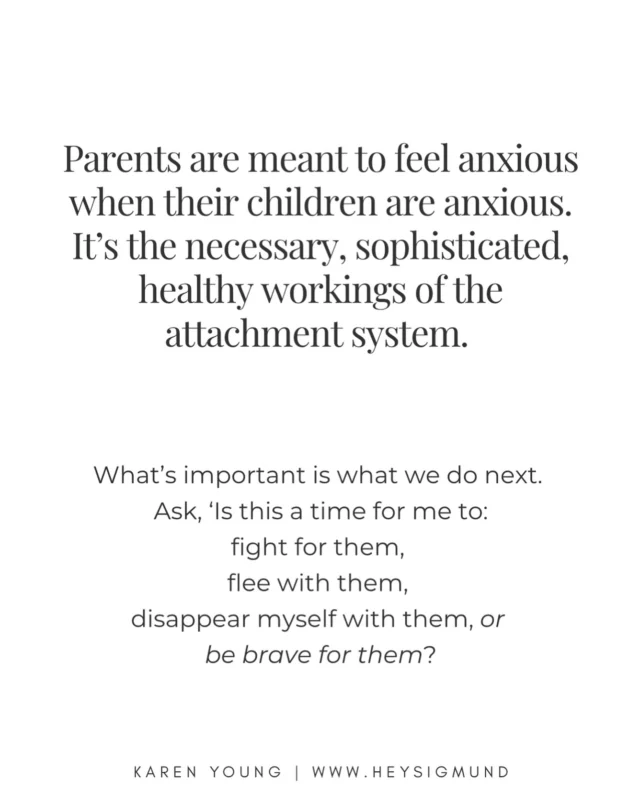 All feelings are important. What’s also important is the story - the ‘why’ - we put to those feelings. 

When our children are distressed, anxious, in fight or flight, we’ll feel it. We’re meant to. It’s one of the ways we keep them safe. Our brains tell us they’re in danger and our bodies organise to fight for them or flee with them.

When there is an actual threat, this is a perfect response. But when the anxiety is in response to something important, brave, new, hard, that instinct to fight for them or flee with them might not be so helpful.

When you can, take a moment to be clear about the ‘why’. Are they in danger or

Ask, ‘Do I feel like this because they’re in danger, or because they’re doing something hard, brave, new, important?’ 

‘Is this a time for me to keep them safe (fight for them or flee with them) or is this a time for me to help them be brave?’

‘What am I protecting them from -  danger or an opportunity to show them they can do hard things?’

Then make space for ‘and’, ‘I want to protect them AND they are safe.’

‘I want to protect them from anxiety AND anxiety is unavoidable - I can take care of them through it.’

‘This is so hard AND they can do hard things. So can I.’

Sometimes you’ll need to protect them, and sometimes you need to show them how much you believe in them. Anxiety can make it hard to tell the difference, which is why they need us.♥️